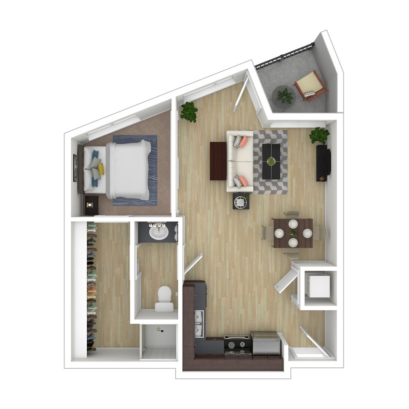 1B - One Bedroom Floorplan (3D) - 1x1 B