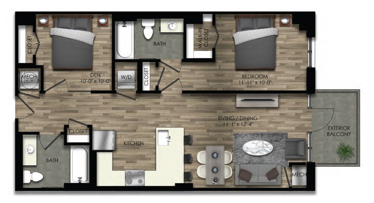 Floor Plan - 1 Bed/2 Bath Den-22W