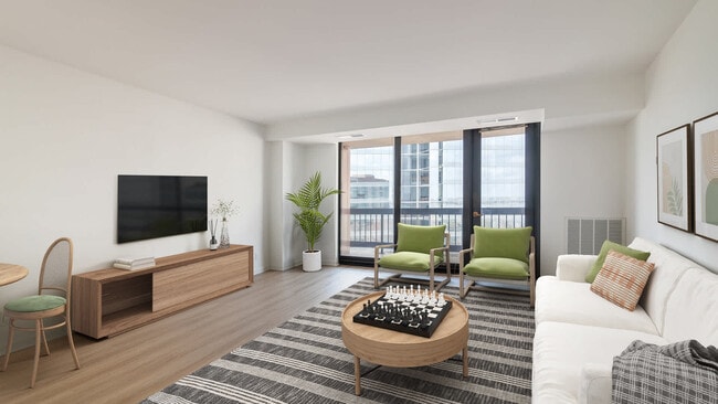 Sala de estar con suelo de superficie dura y balcón - Water Park Towers