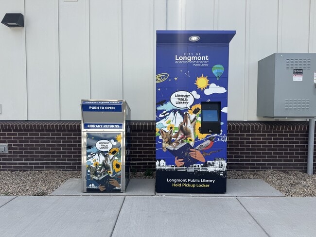 Longmont Public Library Hold pickkup locker and return boxes located right on property!