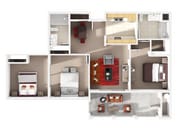 3D Rendering with furniture of a Two-Bedroom, Two-Bathroom Floor Plan