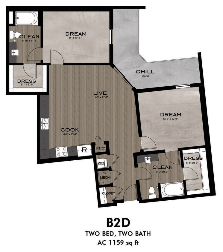 2 Bedroom 2 Bathroom floor plan - B2D
