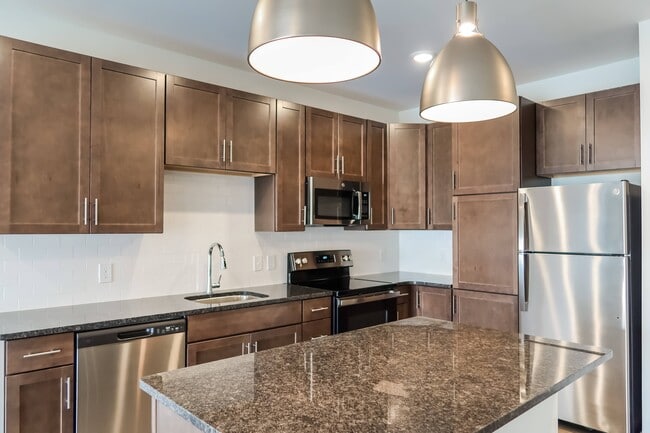 Cocinas grandes listas para chefs con gabinetes oscuros, despensas y electrodomésticos de acero inoxidable - Madamore