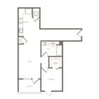 Modern floor plan showcasing one-bedroom apartment with walk-in closet, spacious living area, kitchen with washer/dryer, and private balcony.