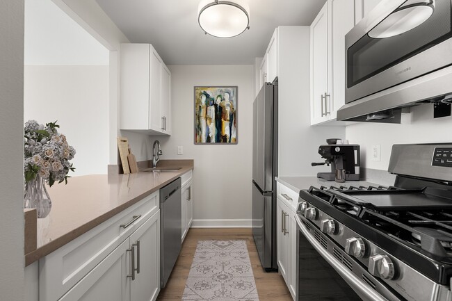 Sleek and modern kitchen with stainless steel appliances, stone countertops, six burner gas range, elegant white cabinetry, and stylish artwork, offering a perfect blend of functionality and design at Parkside Place, apartments in Cambridge, MA