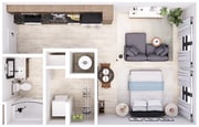 Explore this stylish studio apartment designed for urban living.