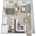 One bedroom, one bath, 520 square foot apartment