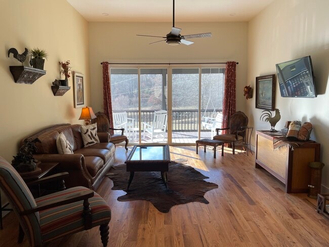 Sala de estar con Smart TV y balcón con mosquitera de estilo occidental. - 274 Little River Campground Rd