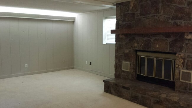 Lower level living area has wood-burning fireplace with stone surround. Access to mudroom/extra storage room that leads to the carport is accessed from this room. - 826 Murrell Rd Unit A