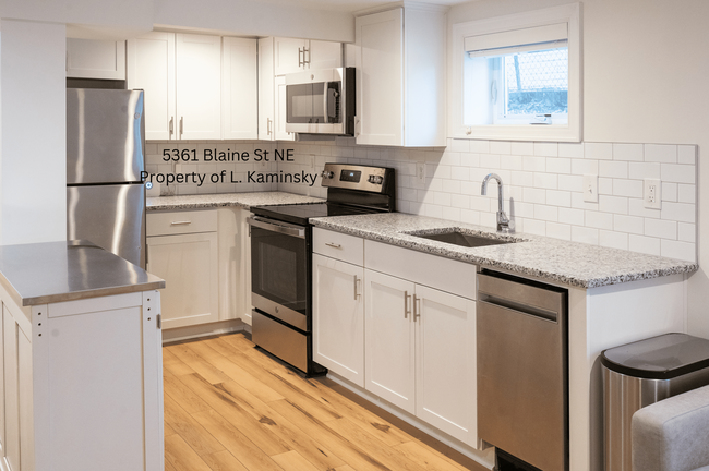 Full kitchen with granite countertops, stainless steeel appliances, and dishwasher - 5361 Blaine St NE Apartment Unit Basement