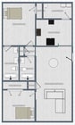 Elegant floor plan featuring 2 bedrooms, modern kitchen, open dining and living area, and dual bathrooms with stylish fittings.