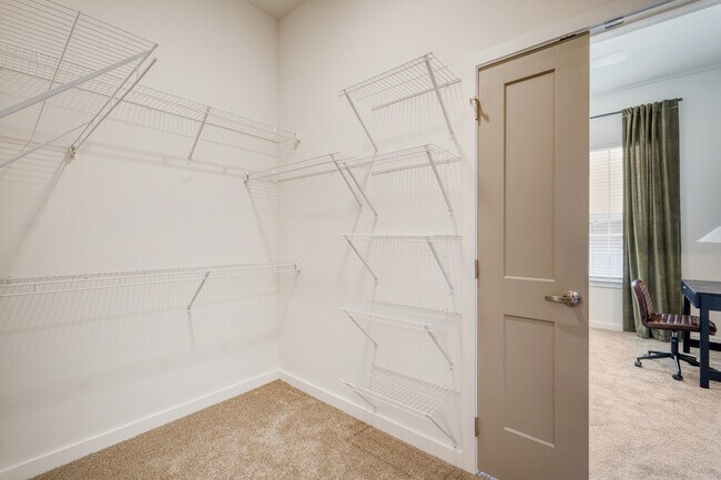 Spacious walk-in closet with built-in shelving at Sageland Flats at Brooks