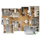 Elegant 3-bedroom floor plan with open-concept living and dining area, modern kitchen, and two bathrooms, perfect for family living.