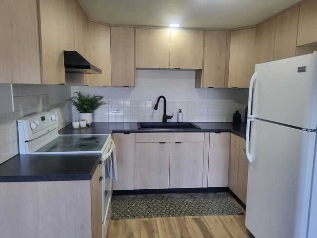 Newly remodeled kitchen with cabinets, countertop, sink/faucet, hood fan, and flooring - 941 Buena Vista Dr Unit #C