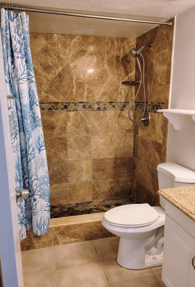 Main bathroom w/earth-tone marble/slate and granite; new curtain and showerhead - 1353 Pine Ridge Cir E Unit 128 E3