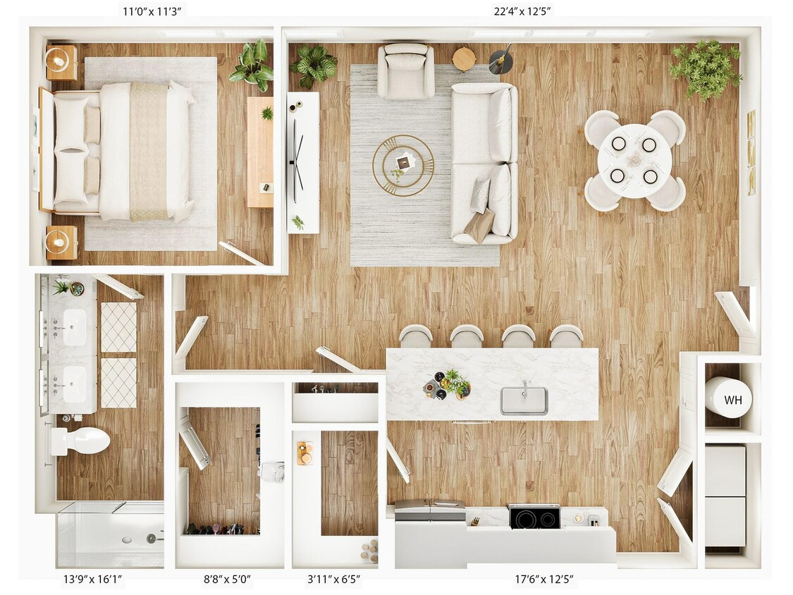 Explore this elegant one-bedroom apartment with an open floor plan designed for modern living. - A6