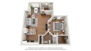 A 3D floor plan rendering of the 1 bedroom, 1 bathroom floor plan