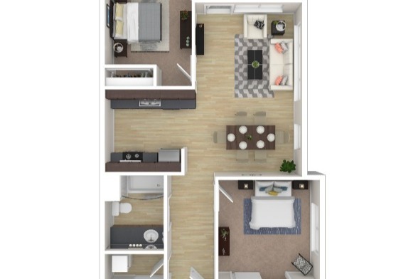 2A - One Bedroom Floorplan (3D) - 2x1