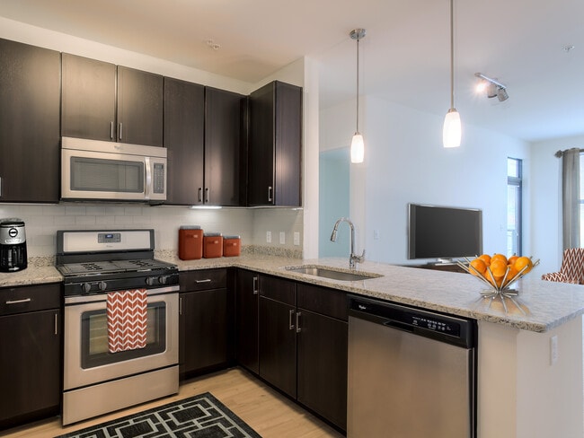 Classic Package kitchen with stainless steel appliances, white speckled granite countertops, espresso cabinetry, beige tile backsplash, and hard surface flooring
