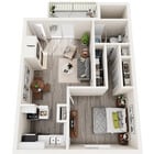 Birch - One Bedroom, 578 sqft, Pantry in Kitchen, Patio/Balcony, Outside Storage, Fireplace in Select Homes, Vaulted Ceilings in Select Homes, and Creek Views in Select Homes.