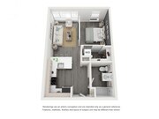 Studio apartment home with a dividing wall between bedroom and living area. Feels like a 1 bedroom, but no official closed off bedroom door. Has a walk-in bedroom closet and washer/ dryer in unit. Large kitchen with tons of cabinetry, a pantry and large bathroom. Large windows in the living room and