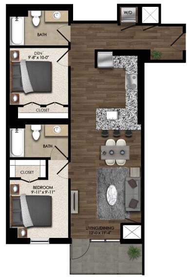 Floor Plan - 1 Bed/2 Bath Den-2E
