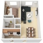 One Bedroom, 628 sqft, Galley Kitchen