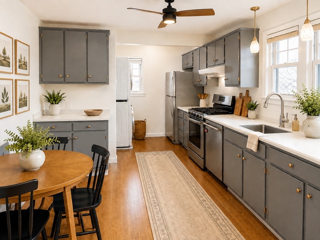 Eat-in kitchen with ample cabinets for storage.