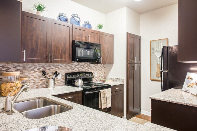 Austin TX Apartments for Rent - Large Kitchen Fully Equipped with Amenities Such As Fridge, Stove, and Microwave Also Featuring Plenty of Storage and Counter Space - Abelia Flats
