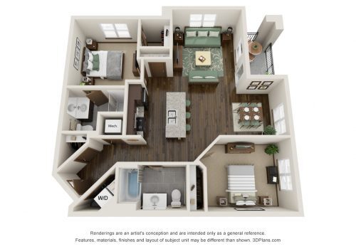 2 Bedroom 3 D model