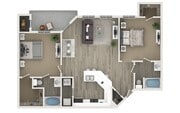 Plano de planta de dos dormitorios y dos baños