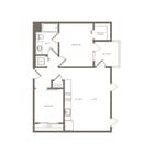 Modern apartment floor plan featuring 2 bedrooms, a spacious living and kitchen area, walk-in closet, and a private balcony.