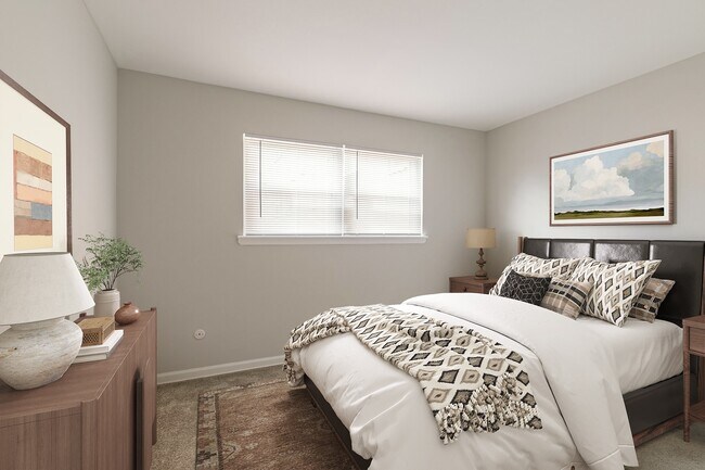Transform your lifestyle at Eagle Rock Apartments at North Plainfield. This inviting bedroom features modern aesthetics, natural light, and cozy charm—perfect for relaxation. Schedule a tour today to see your new home!