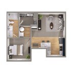 Explore the efficient design of this urban apartment, complete with a stylish kitchen and comfortable living space.