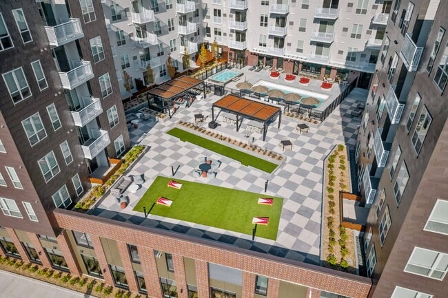 An aerial view of our amenity deck at The Hallon, apartments in Hopkins, MN