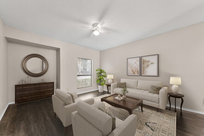 Living room with wood-style plank flooring