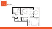 Modern C1 floor plan at The Shelley featuring 2 bedrooms, open-concept kitchen and living area, and a cozy balcony.