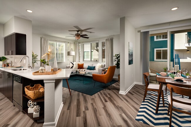 Dog-Friendly Apartments in La Mesa CA - The District - Spacious Living Room and Kitchen with Wood-Style Flooring - The District Apartments