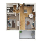 Modern 3D floor plan showcasing an open-concept living space with a cozy bedroom, stylish kitchen, and inviting living room, complete with a balcony offering fresh outdoor vibes.