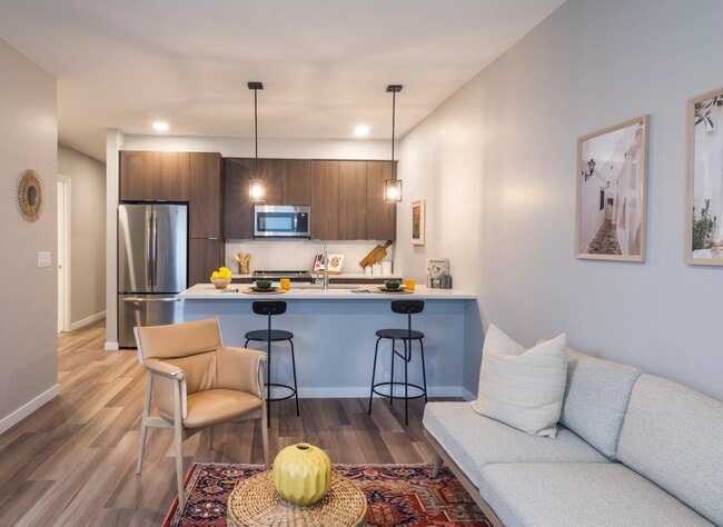 Spacious living room with open concept designer kitchen, espresso cabinetry, and stainless steel appliances. - Modera LoHi