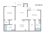 Two bedroom, two bathroom 905 square feet