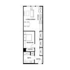 Modern 1-bedroom apartment floor plan with open living/dining area, sleek kitchen, and convenient laundry space.