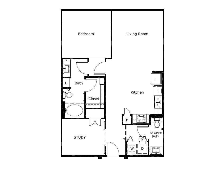 1 Bedroom 1.5 Bath with Study - A2