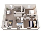 Step into this elegant apartment layout, boasting two cozy bedrooms and an inviting open living space.