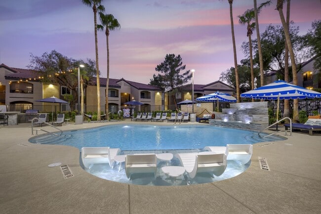 As twilight descends, our renovated pool transforms into a magical oasis, beautifully illuminated by soft, ambient lighting.