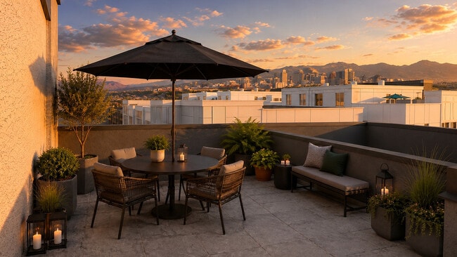Terraza en la azotea del hotel The Mont con vistas a Salt Lake City y a las montañas. - The Mont Granary
