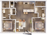 Plano de planta 2A de 2 habitaciones y 2 baños: 961 pies cuadrados