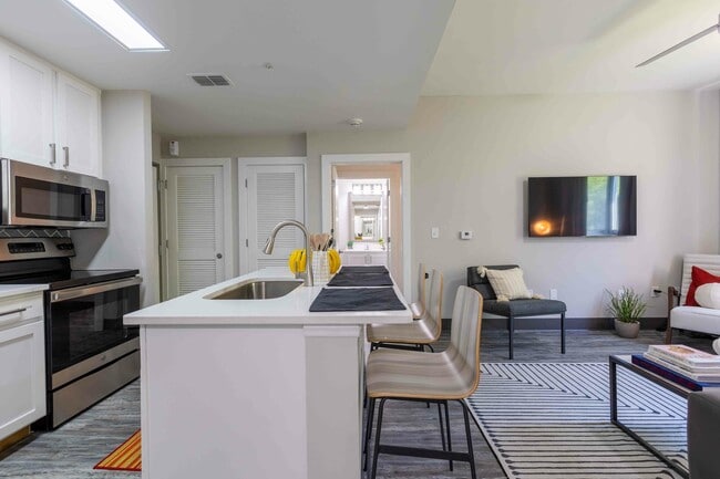 Valentine-Commons-Off-Campus-Apartments-Just-Steps-From-NC-State-University-Platinum-Floor-Plans-Kitchen-Island-Seating-Plank-Flooring-Washer-and-Dryer-Included