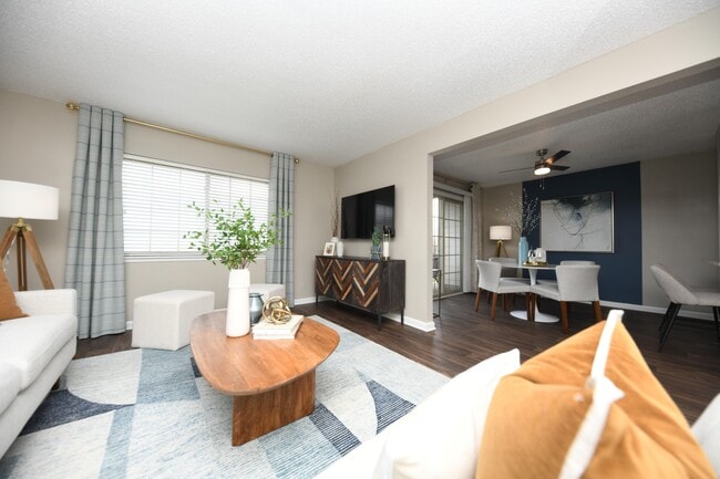 Spacious living room with hardwood-style flooring