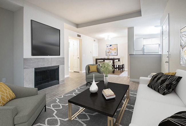 Living Room with Fireplace - The Wyndham Apartments